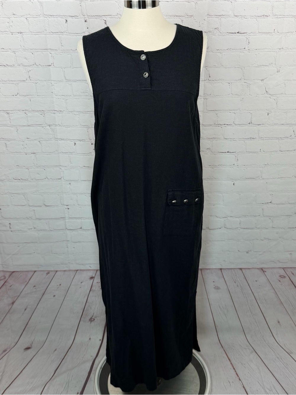 Christopher & Banks Black Sleeveless Maxi Dress Button Pocket Linen Blend